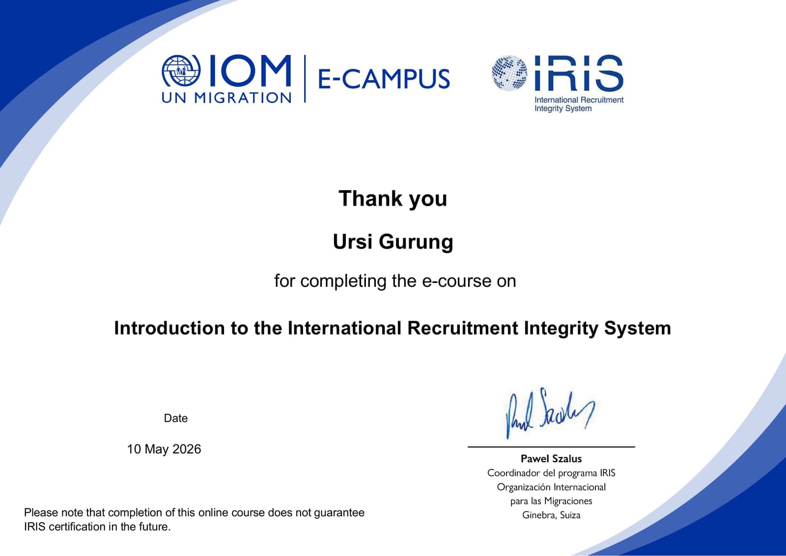 International Recruitment Integrity System (IRIS), Ursi Gurung, page 1